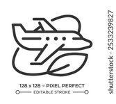 Sustainable aviation linear icon. Eco-friendly air travel. Environmental awareness in the aviation industry. Thin line illustration. Contour symbol. Vector outline drawing. Editable stroke