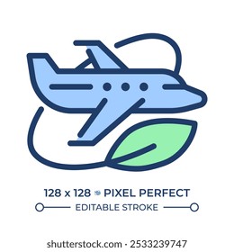Sustainable aviation RGB color icon. Eco-friendly air travel. Environmental awareness in the aviation industry. Isolated vector illustration. Simple filled line drawing. Editable stroke