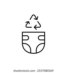 Sustainable baby hygienic supplies. Diaper and recycling arrows. Pixel perfect vector icon