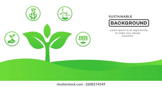 Sustainable background, save environment. Green energy planet illustration shows windmills, solar panels, and building symbols representing sustainable development in ecology concept. 
