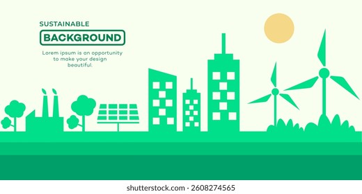 Sustainable background, save environment. Green energy planet illustration shows windmills, solar panels, and building symbols representing sustainable development in ecology concept. 