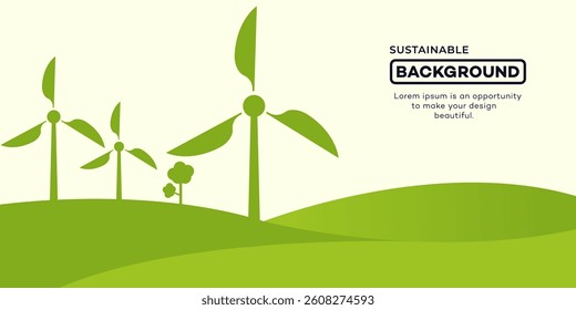 Sustainable background, save environment. Green energy planet illustration shows windmills, solar panels, and building symbols representing sustainable development in ecology concept. 