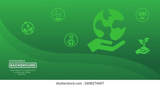 Sustainable background, save environment. Green energy planet illustration shows windmills, solar panels, and building symbols representing sustainable development in ecology concept. 