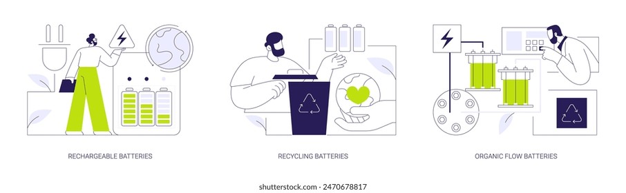 Sustainable batteries abstract concept vector illustration set. Eco-friendly rechargeable batteries, box for recycling, organic flow energy source, power adapter, sustainable energy abstract metaphor.