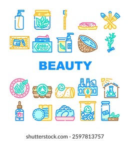 sustainable beauty eco friendly icons set vector. organic, vegan, natural, clean, green, ethical, cruelty, free, biodegradable sustainable beauty eco friendly color line illustrations