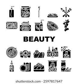 sustainable beauty eco friendly icons set vector. organic, vegan, natural, clean, green, ethical, cruelty, free, biodegradable sustainable beauty eco friendly glyph pictogram Illustrations