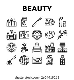 sustainable beauty eco friendly icons set vector. organic vegan, natural clean, green, ethical cruelty, free, biodegradable recyclable sustainable beauty eco friendly black contour illustrations
