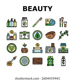 sustainable beauty eco friendly icons set vector. organic vegan, natural clean, green, ethical cruelty, free, biodegradable recyclable sustainable beauty eco friendly color line illustrations