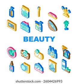 sustainable beauty eco friendly icons set vector. organic, vegan, natural, clean, green, ethical, cruelty, free, biodegradable sustainable beauty eco friendly isometric sign illustrations