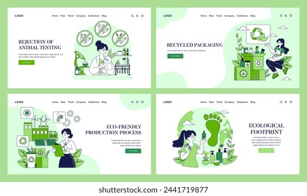 Sustainable Beauty Practices Set. Advocating against animal testing, embracing recycled packaging, eco-conscious production, and reducing ecological footprint. Vector illustration for green cosmetics.