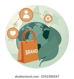 Sustainable Branding Concept. A globe, leaves, an eco bag, and symbols portraying themes of environmental awareness, recycling. Flat vector modern illustration 