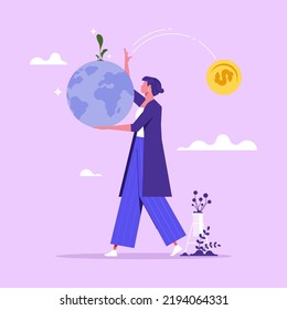 Sustainable Business Concept, Businesswoman Holding Planet Earth And Throw Away Money Coin, Stop Climate Change Or Global Warming Causing By Business