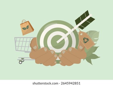 Sustainable business concept with eco friendly shopping cart. Green commerce and environmental responsibility poster design suitable for marketing campaigns. Flat style. Vector illustration