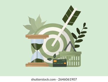 Sustainable business goals concept with target. hourglass and shopping basket with plants. Eco friendly commerce ideal for corporate sustainability. Sustainable purchasing. Vector illustration