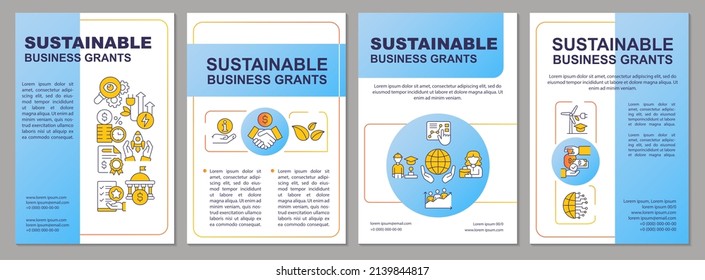 Sustainable business grants blue brochure template. Eco-friendly work. Leaflet design with linear icons. 4 vector layouts for presentation, annual reports. Arial, Myriad Pro-Regular fonts used