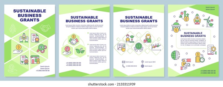 Plantilla de folleto verde para subvenciones empresariales sostenibles. Trabajo ecológico. Diseño del prospecto con iconos lineales. 4 diseños vectoriales para presentación, informes anuales. Arial-Black, Myriad Pro-Regular fuentes utilizadas