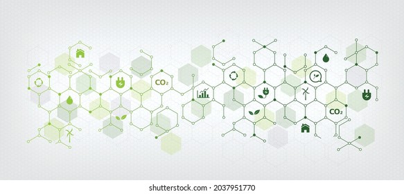 Sustainable Business Or Green Business Illustration Background With Connected Icons Concept Related To Environmental Protection And Sustainability. With Hexagonal Shape