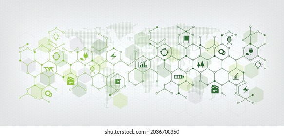 sustainable business or green business vector illustration background With the concept of connected icons related to environmental protection and sustainability. with hexagonal geometry