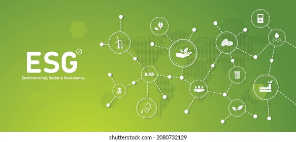 Sustainable business or green business vector illustration background with connection icon concept related to environmentally friendly environmental icon set. Web and Social Header Banners for ESG. - Shutterstock ID 2080732129