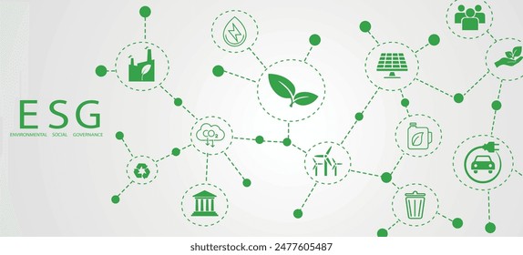 Nachhaltiges Wirtschaften oder Green Business Vektorillustration Hintergrund mit verbundenen Ikonenkonzepten rund um Umweltschutz und Nachhaltigkeit in Wirtschaft und Sechseck