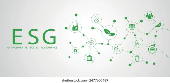 Sustainable business or green business vector illustration background. with connected icon concepts related to environmental protection and sustainability in business and hexagon