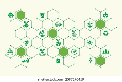 Sustainable business or green business vector illustration background. with connected icon concepts related to environmental protection and sustainability in business and hexagon