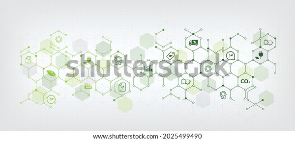 Sustainable\
business or green business vector illustration background. with\
connected icon concepts related to environmental protection and\
sustainability in business and\
hexagon