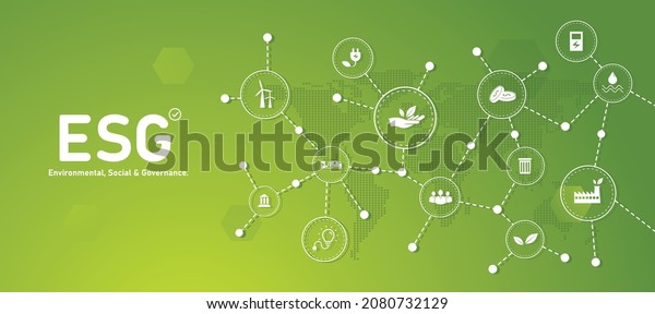 Sustainable business or green business vector\
illustration background with connection icon concept related to\
environmentally friendly environmental icon set. Web and Social\
Header Banners for\
ESG.