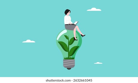 sustainable business, industry using environmentally friendly energy or renewable energy, ESG, environmental social and governance, businesswoman working with computer on green sustainable light bulb,