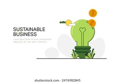 Sustainable Business. Light Bulb with Dollar coins. Circular Economy and  ESG concept. Green Energy, Ecology and environment development. Flat Vector illustration.