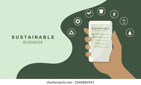 Checklist de compras móveis de negócios sustentáveis com ícones ambientais e mão segurando smartphone. Avaliação de negócios ecológica e responsabilidade corporativa. Conceito ESG. Ilustração vetorial