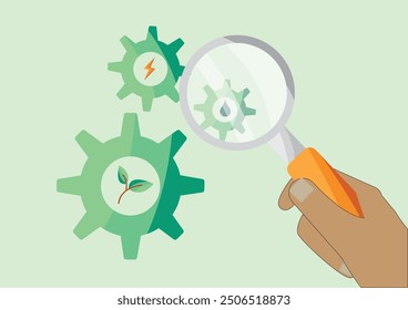 Sustainable business pratices. Corporate sustainability. Eco-friendly practices.Magnifying Glass Inspecting Green Gears with Sustainability Icons. Renewable Energy, Water Conservation and Plant Growth