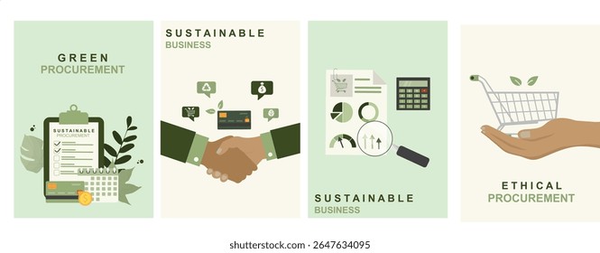 Cartazes sobre contratos públicos sustentáveis. Processo de compra ético e ecológico. Cartaz de gerenciamento da cadeia de fornecimento de responsabilidade corporativa para apresentações e materiais de marketing. Ilustração vetorial