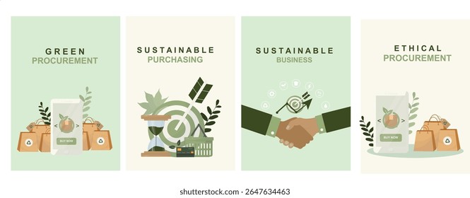 Conjuntos de contratos públicos sustentáveis. Cartaz de conceito de aquisição ética verde. Handshake de responsabilidade corporativa para apresentações de marketing. Estilo plano. Ilustração vetorial