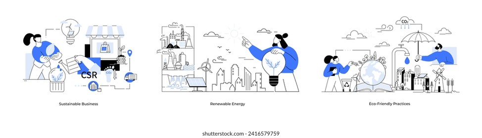 Prácticas empresariales sostenibles y ecológicas en materia de energía renovable. Conjunto de metáforas. Crecimiento económico sostenible con energía renovable y recursos naturales. Economía circular. Conjunto de la industria y la energía verde de ESG