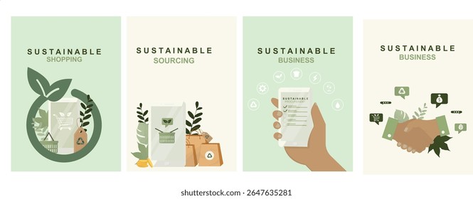 Coleção de cartazes de compras de negócios sustentáveis. temas de aquisição e parceria. Recolha de modelos de responsabilidade ambiental e empresarial ecológica. Estilo plano. Ilustração vetorial