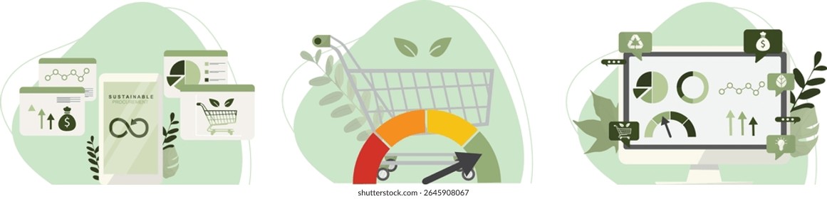 Processo de análise de tecnologia empresarial sustentável. Recolha sustentável de contratos públicos. Soluções sustentáveis de tecnologia empresarial, lógica analítica e comércio ecológico. Compra ecológica. Ilustração vetorial