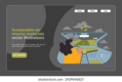 Sustainable Car Interior Materials Illustration. A thoughtfully designed vector showcasing eco-friendly materials in electric car interiors against an urban backdrop.
