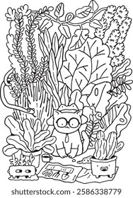 Sustainable chaos gardening illustration with a cute cat and spontaneous pollinator friendly wildflowers, plants and trees. Urban biodiversity doodle hand drawn image with funny pet wearing summer hat