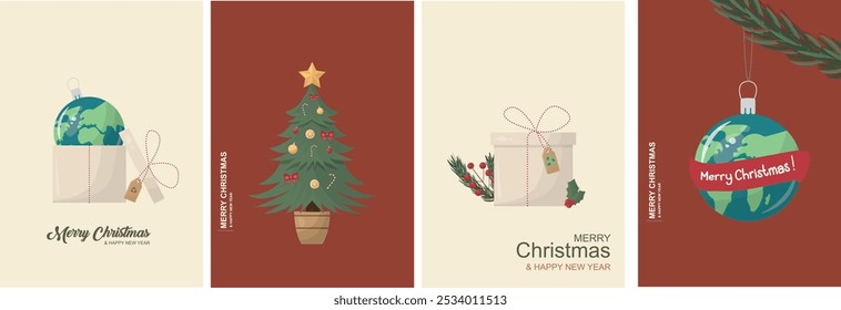 Sustainable Christmas Card Set with Global Themes. Collection of eco-friendly Christmas cards. Earth-themed ornaments. Sustainability in holiday celebrations. Vector illustration
