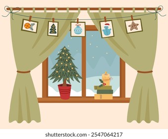 Sustainable Christmas concept. Christmas banner of ecologically decorated windowsill. Responsible Christmas celebration. Christmas background.