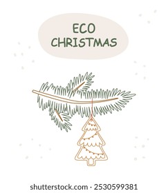 Sustainable Christmas concept. Eco friendly Christmas ornaments. Chridtmas tree branch with gingerbread. Line art.