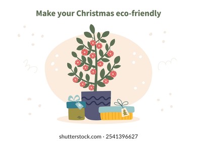 Sustainable Christmas concept. Eco friendly Christmas decoration. Decorated houseplant with gift boxes.