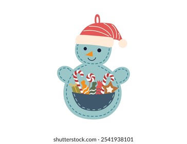 Sustainable Christmas concept. Eco friendly handmade Christmas snowman with sweets isolated on white. Advent calendar. 