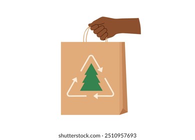 Sustainable Christmas concept. Eco-friendly Christmas paper bag in human hand. Christmas gift, Christmas shopping.