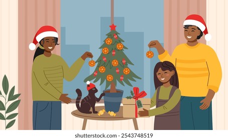 Sustainable Christmas concept. A family decorates a potted Christmas tree at home. Eco friendly Christmas.