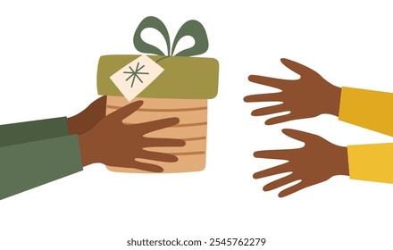 Sustainable Christmas concept. Hands with black skin tone gives a Christmas gift. Christmas clipart. Flat style vector illustration.