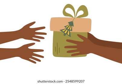 Sustainable Christmas concept. Hands with black skin tone gives a Christmas gift. Christmas clipart. Greeting concept.