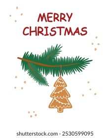Sustainable Christmas concept. Christmas ornaments. Christmas tree twig decorated with gingerbread cookie isolated on white.