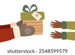 Sustainable Christmas concept. Santa gives a Christmas gift to child. Christmas clipart. Greeting concept.